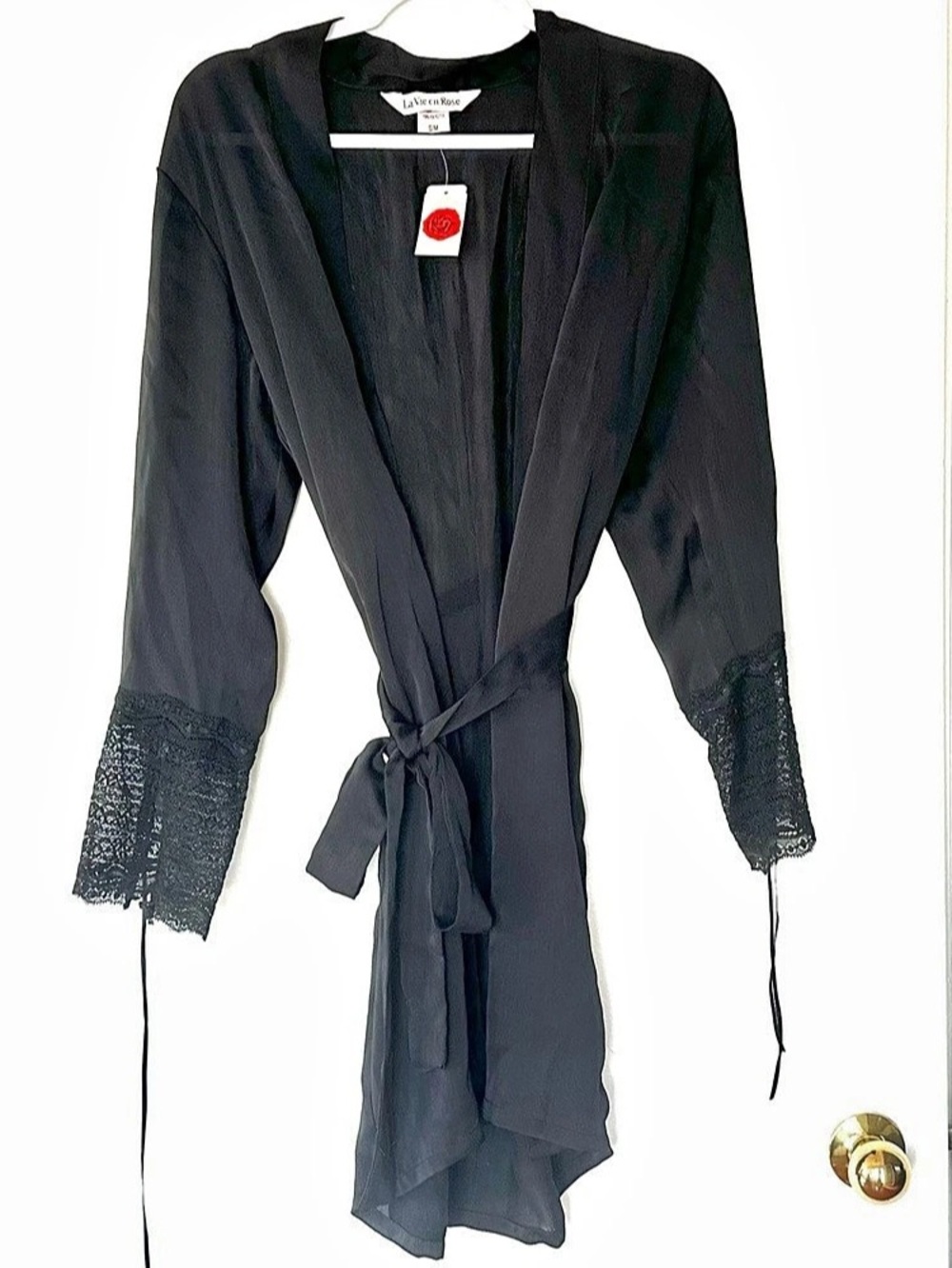 NWT La Vie en Rose Black Lace Sleeve Kimono Robe Black Small/Medium